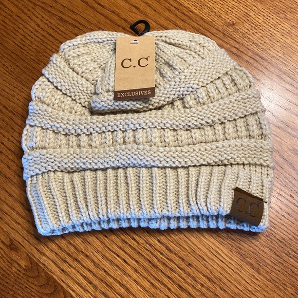 C.C Chunky Cable Knit Cream Beige Beanie Winter Hat - Picture 5 of 7